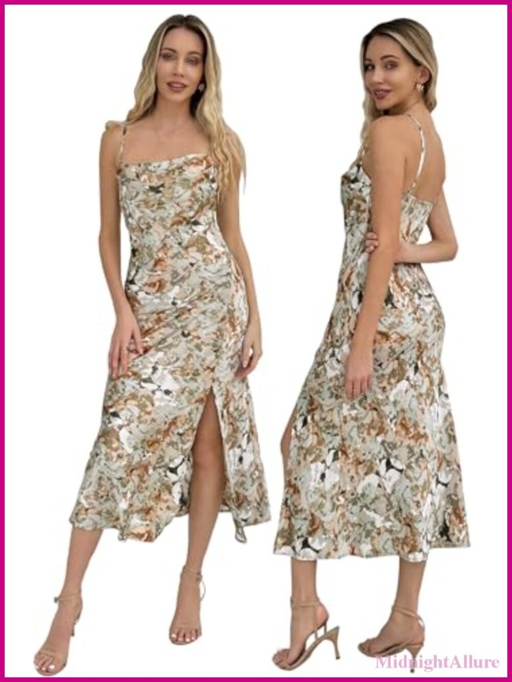Satin Spaghetti Strap Slip Dress Sleeveless Cowl Neck Backless Midi Zip